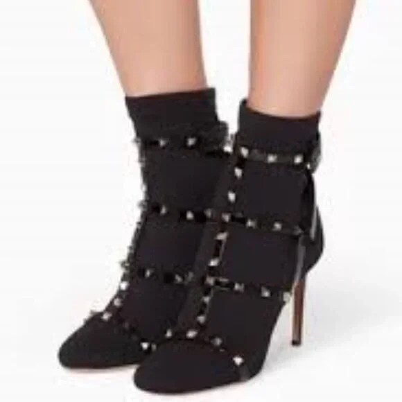 VALENTINO GARAVANI Rockstud Leather-trimmed Stretch-knit Sock Boots In Black